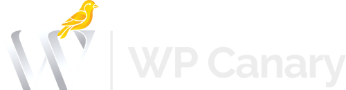 WP Canary Logo | White W with WP Canary next to it and a yellow bird perched on top.